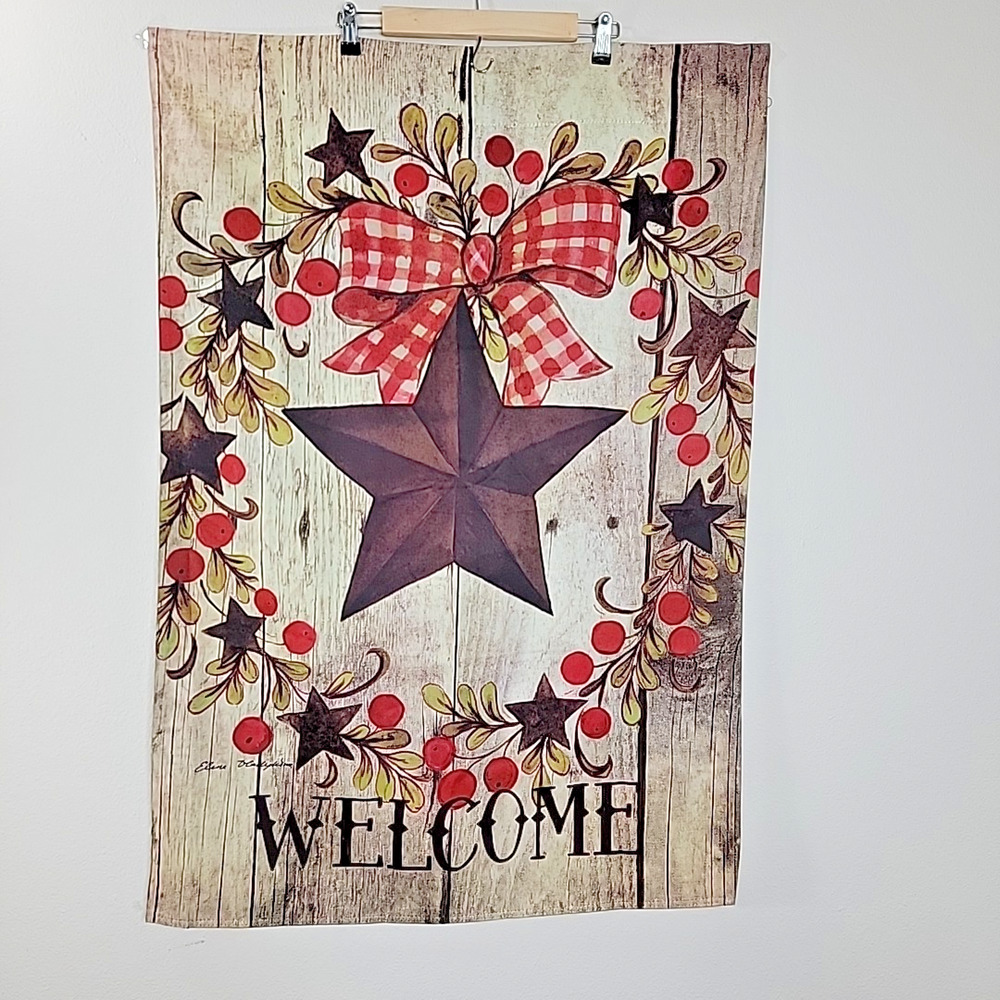 Country Folk Welcome Flag Barn Star Berry Wreath Outdoor Garden Decor 29x49‎